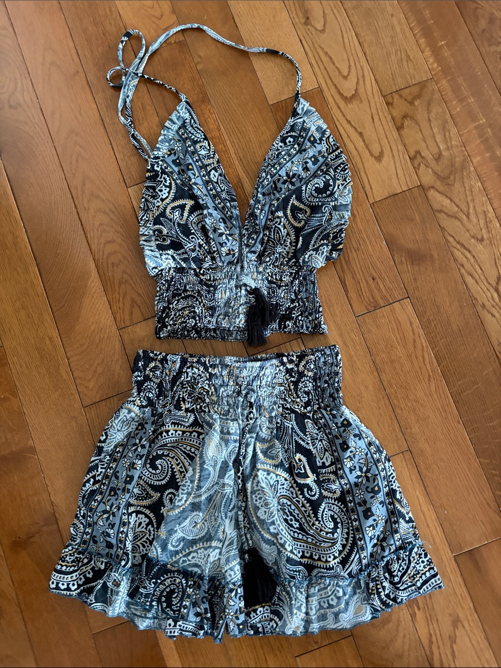 Grey Paisley Two-Piece Halter Crop Top & Shorts Set
